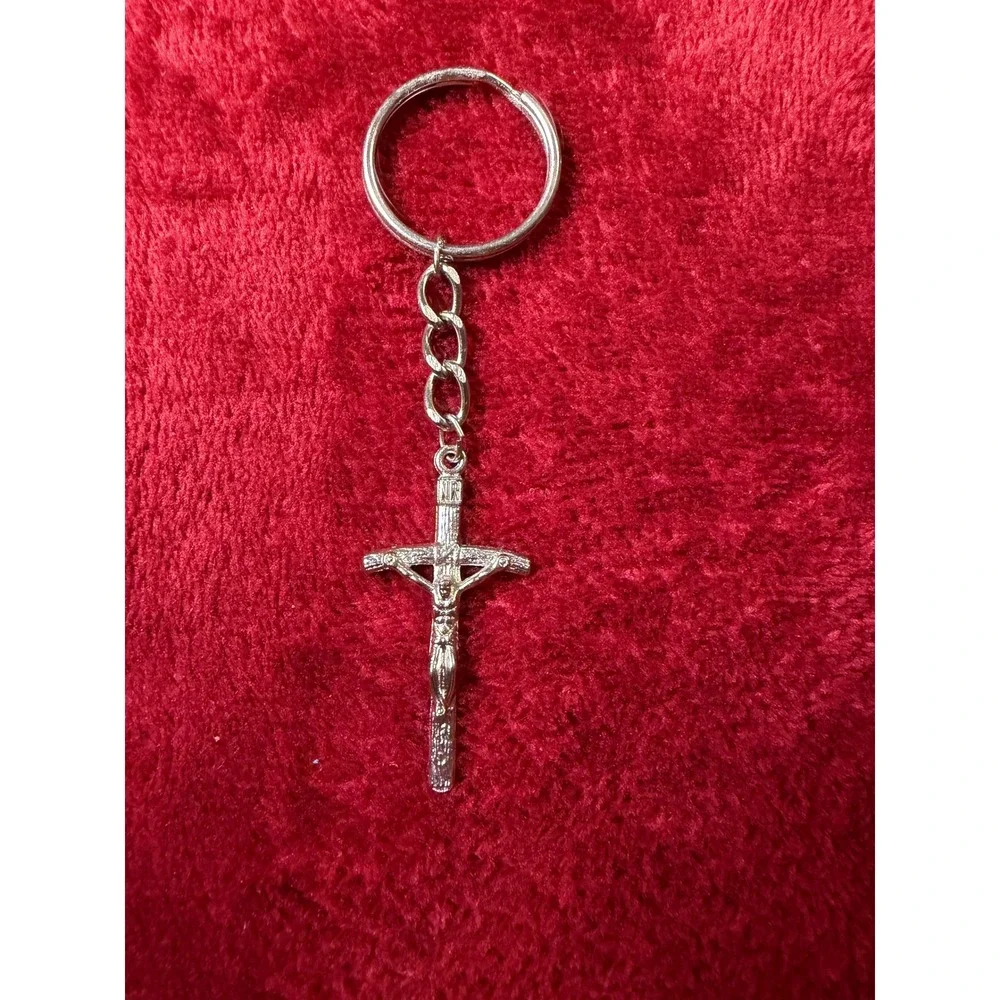 Silver Tone Crucifix Keychain Religious Christian Jesus Cross INRI Key Ring